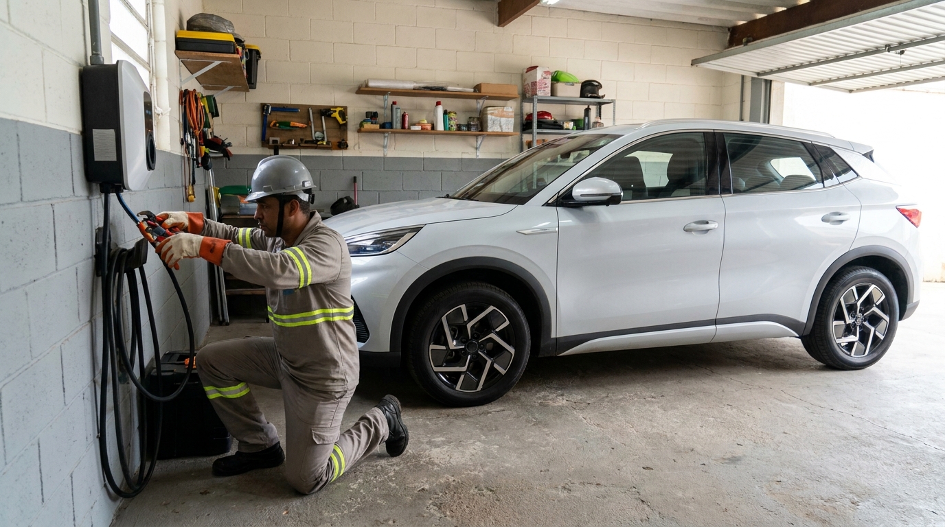 Eletricista instalando carregador de carro eletrico em Vitória‑ES