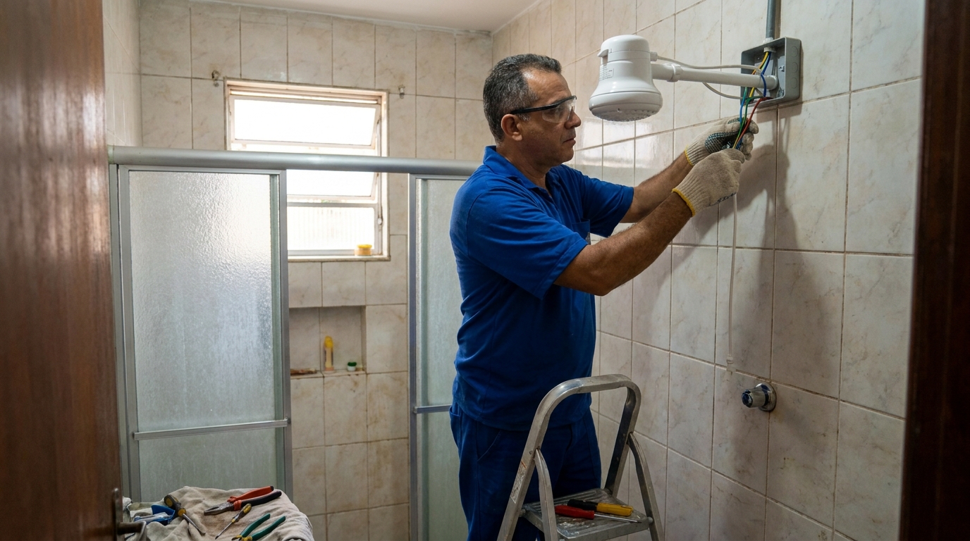 Eletricista instalando chuveiro eletrico em Vitória‑ES