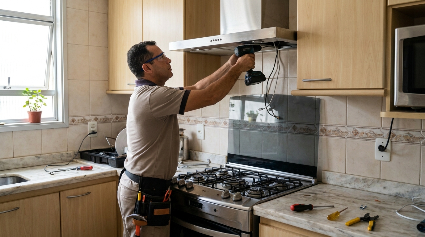 Eletricista instalando coifa em Vitória‑ES