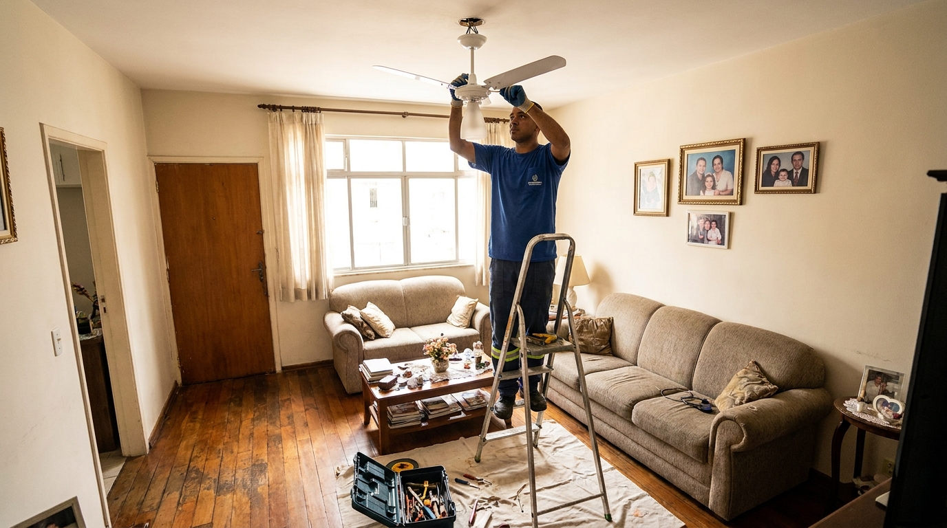 Eletricista instalando ventilador de teto em Vitória‑ES